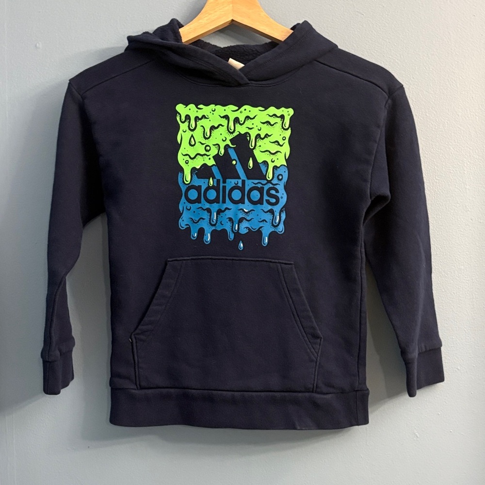 adidas Navy Hoodie with Neon Green & Bright Blue Drip Logo
